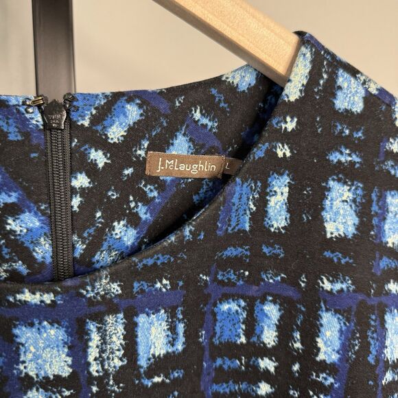 J. McLaughlin Blue/Black Abstract Plaid Printed Scuba Sheath Dress Large - Picture 5 of 6